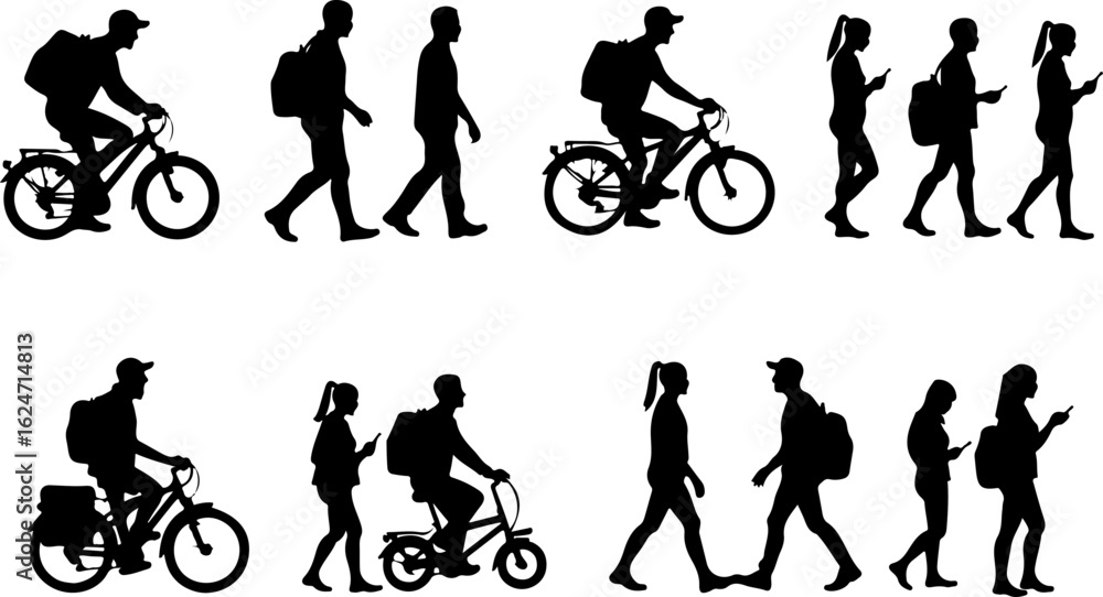 Naklejka premium Silhouettes of People Walking and Biking