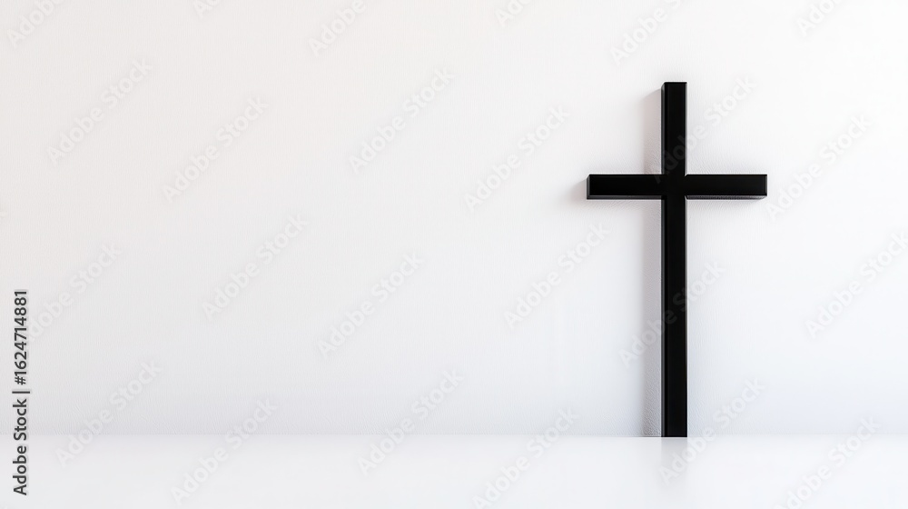 Naklejka premium Minimalist Black Cross Against Textured White Wall Creating A Serene Atmosphere
