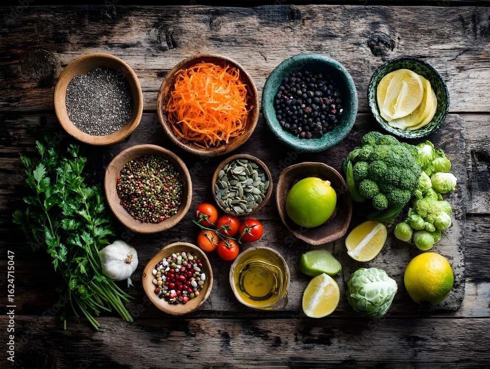 Healthy Food Bowls Flat Lay with Fresh Ingredients Healthy Food Bowls Flat Lay with Fresh Ingredients