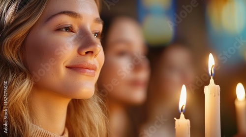 Wallpaper Mural Young Woman Smiling Softly in a Dimly Lit Space Surrounded by Glowing Candles Torontodigital.ca