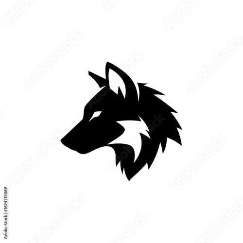 Stylized Black Wolf Head with Sharp Features and Intense Gaze