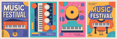 Vector Illustration of Musicians Playing Drums, Cello, Synthesizer, and Tape Recorder at Music Festival, Featuring People, Instruments, and Vibrant Scene for Posters or Flyers

