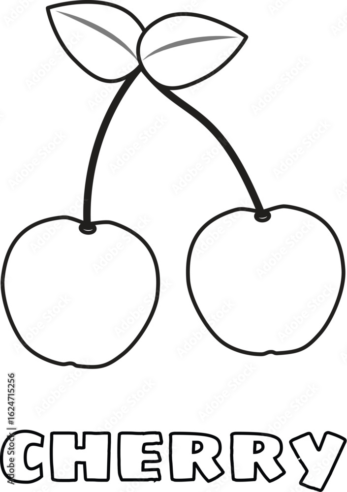 Fototapeta premium Coloring Book Kids A delightful black and white illustration of two juicy cherries with leaves, perfect for coloring books and educational materials, fun drawing.