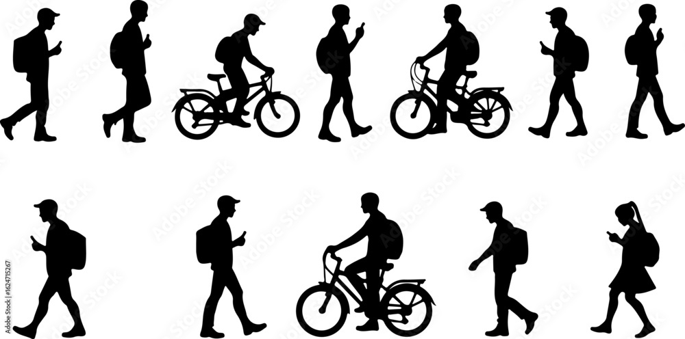 Naklejka premium Silhouettes of People Walking and Biking
