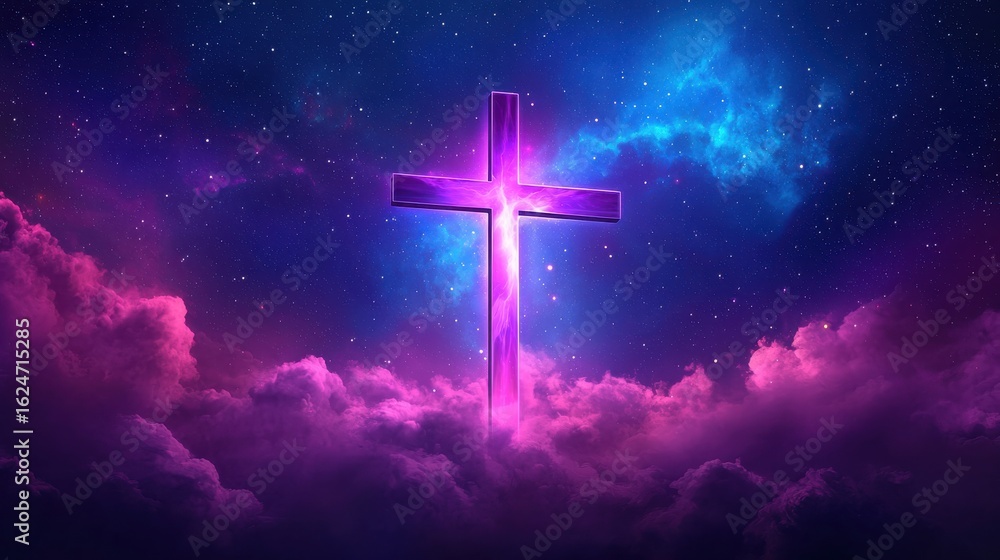 Fototapeta premium Vibrant Cosmic Scene Featuring Luminous Purple Cross Amidst Colorful Clouds and Starry Night Sky