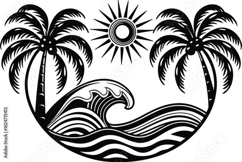 Vintage Tropical Sunrise Over Waves Graphic Design