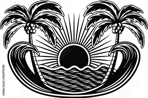 Vintage Tropical Sunrise Over Waves Graphic Design