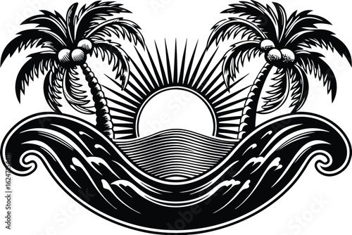 Vintage Tropical Sunrise Over Waves Graphic Design