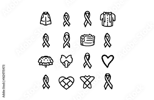 Black sketch doodles symbolize breast cancer awareness on a white background. Great for digital design, social media, poster designs, and print materials.