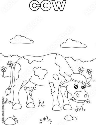 Coloring Book Kids Adorable cartoon cow grazing in a meadow with clouds and flowers coloring page for kids activity
