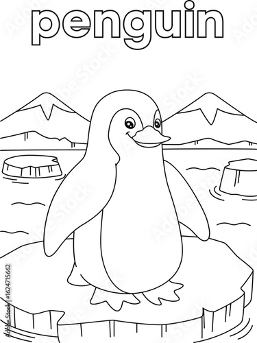 Coloring Book Kids Adorable penguin standing on an iceberg with snowy mountains in the background illustration for kids coloring book page