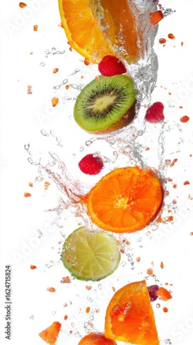 Wallpaper Mural Fresh Fruit Splash with Kiwi, Orange, Lime, and Raspberries Torontodigital.ca