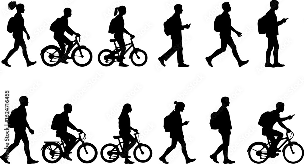 Naklejka premium Silhouettes of People Walking and Biking