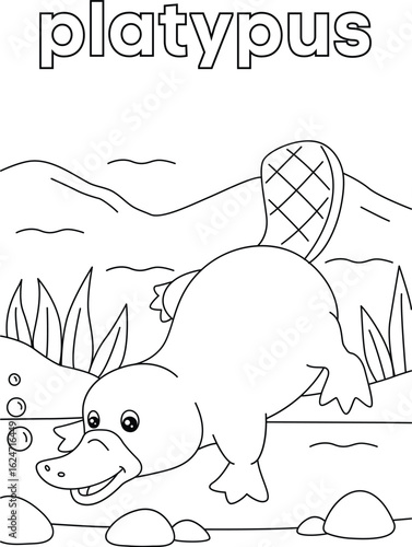 Coloring Book Kids Adorable platypus swimming in a river illustration for coloring book pages, showcasing its unique features and natural habitat environment design