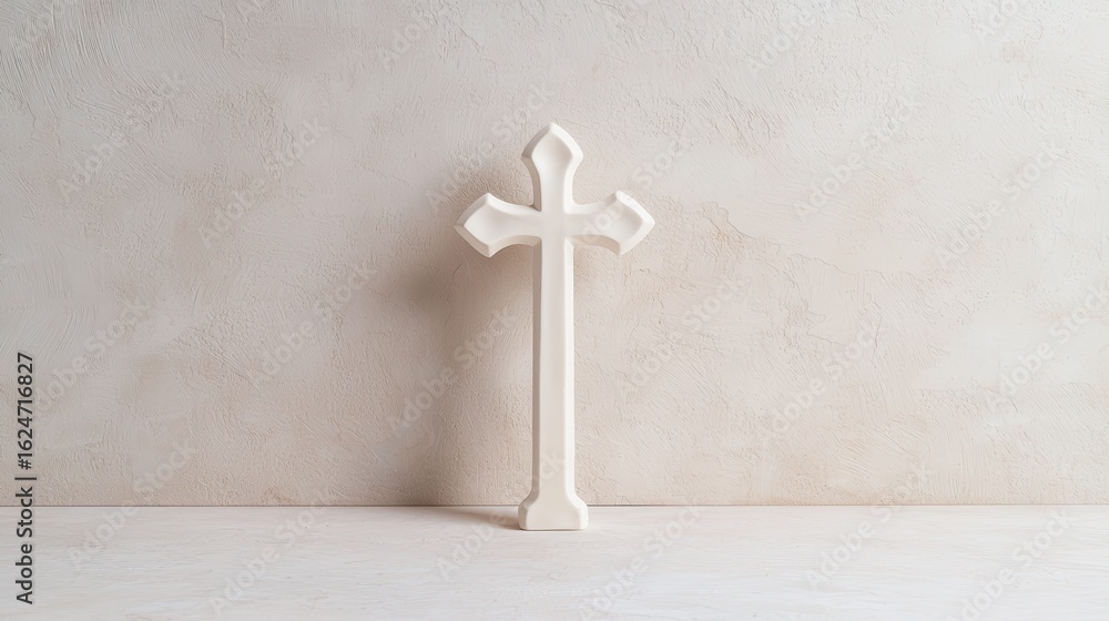 Naklejka premium Minimalist White Cross Sculpture Against Textured Beige Background Highlighting Spirituality and Tranquility