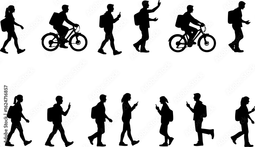Fototapeta premium Silhouettes of People Walking and Biking