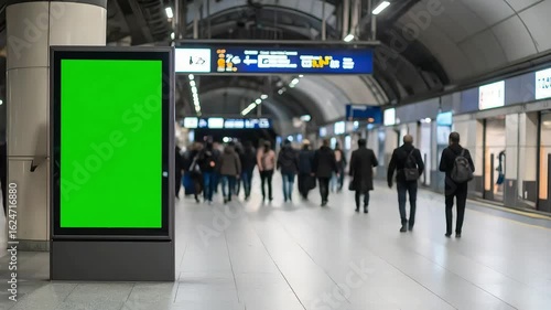 Blank green screen billboard in subway station with commuters walking by