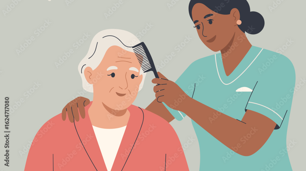 caregiver gently combing an elderly woman's hair vector illustration, gentle personal care, elderly assistance and compassionate nursing support caregiver gently combing an elderly woman's hair vector illustration, gentle personal care, elderly assistance and compassionate nursing support