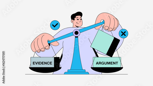 analyst weighing evidence against an argument on a scale vector illustration, critical thinking, fact-checking and making a judgment