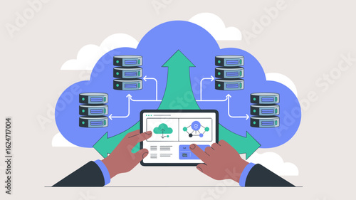 it administrator managing cloud servers on a tablet vector illustration, enterprise cloud computing, scalable infrastructure and data center management
