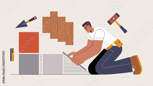 flooring installer laying tiles and hardwood on the floor vector illustration, home renovation, construction work and interior design