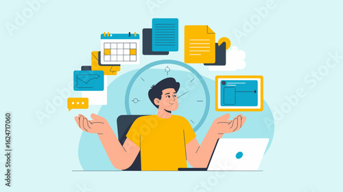 freelancer multitasking with project icons floating around him vector illustration, managing multiple projects, effective time management and workflow organization