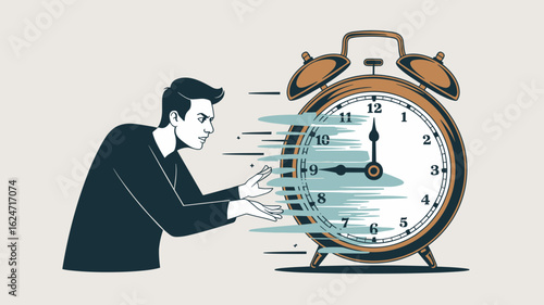 stressed man trying to stop a fast-moving clock vector illustration, freezing time, managing deadline pressure and the illusion of catching up