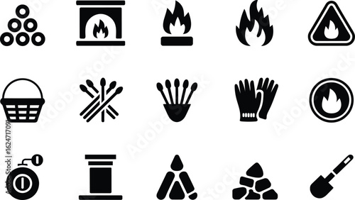 Black and white fire safety icons: fireplace, matches, gloves, firewood, warning signs.