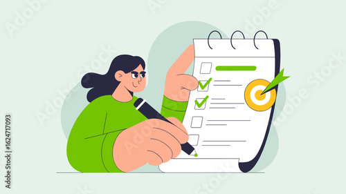 woman checking off tasks on a large checklist with a target vector illustration, goal setting, self-improvement tracking and personal productivity management