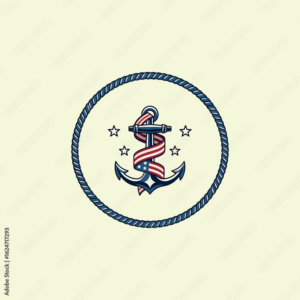 Fototapeta premium Patriotic naval anchor emblem with a stars and stripes banner in a circular rope frame. Vintage nautical vector illustration.