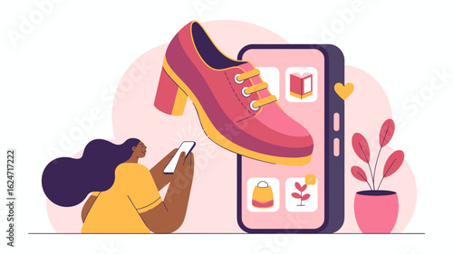 woman shopping shoes on mobile e-commerce app vector illustration, online shopping, digital retail and curating a fashion wishlist