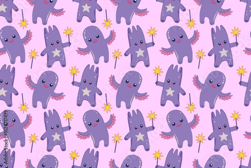 Seamless pattern of  cute cartoon creature with  magic wand in its paws. Magical fairy-tale creature. For backgrounds, wallpapers, textiles, packaging or websites.