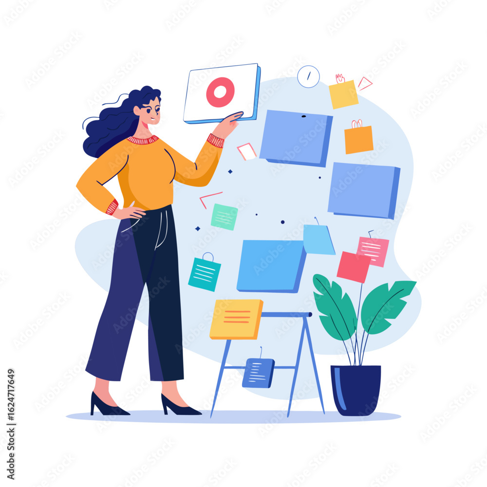 Fototapeta premium Confident Businesswoman Writing Company Vision on Sticky Notes – Strategic Planning, Leadership, and Corporate Goal Setting Concept Vector Illustration