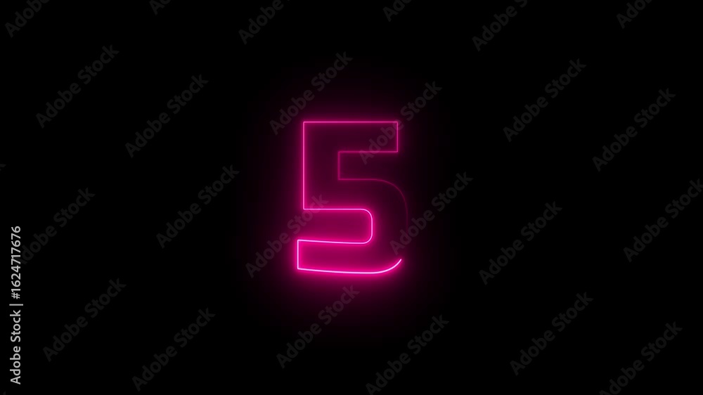 Glowing neon blue color 5 numbers countdown animation icon on black background. Glowing neon blue color 5 numbers countdown animation icon on black background.