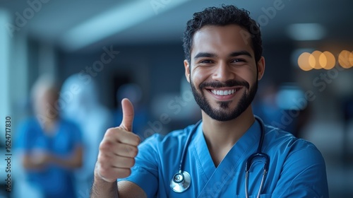 Friendly male nurse smiling and giving a thumbs up in a hospital setting with blue scrubs, stethoscope, and cheerful demeanor, promoting healthcare positivity