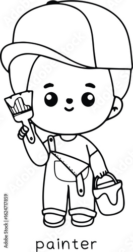 Coloring Book Kids Adorable painter boy with cap holding paintbrush and paint bucket vector illustration for children's coloring book and creative projects