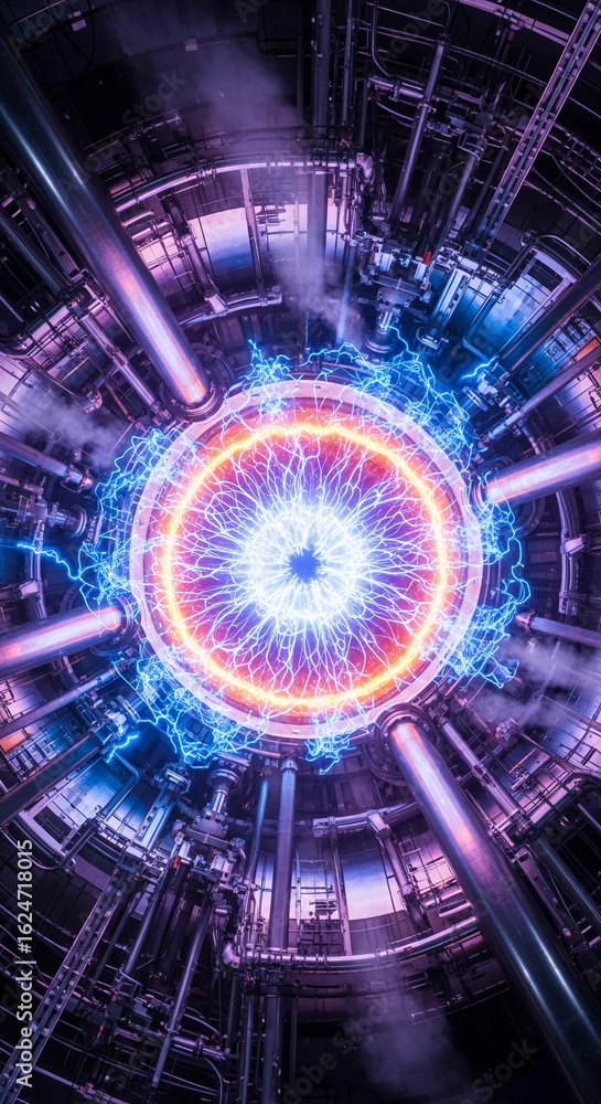 Fototapeta premium Intricate metallic structure with glowing plasma core, showcasing technological advancement and energy, representing scientific innovation and futuristic power