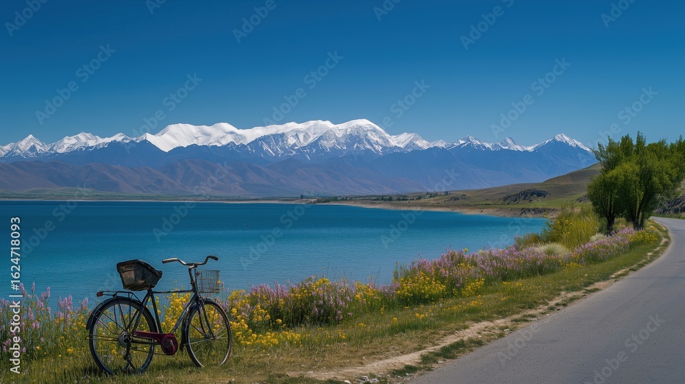 Fototapeta premium The circular road , the crystal-clear blue water meeting the snow-capped mountains, a vintage bicycle parked by the roadside, wildflowers blooming by the lakeside. 