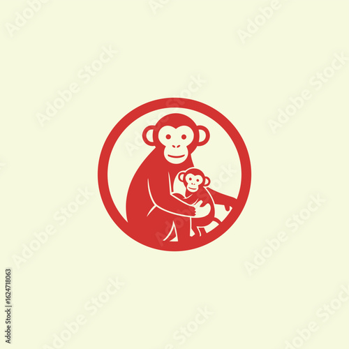 A loving mother monkey holding her baby, presented as a simple red circular graphic icon. Symbol of primate family and maternal care.