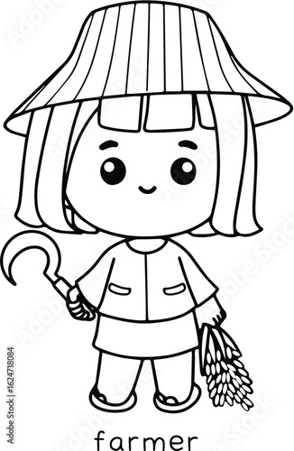 Coloring Book Kids Cute farmer illustration with a traditional Asian hat, sickle, and rice harvest, vector design for children's books and educational materials