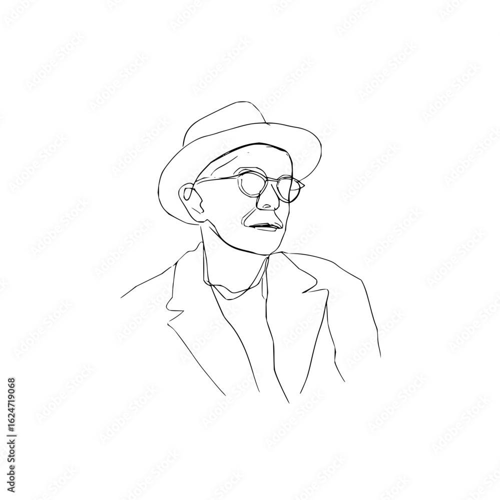 Line art drawing of man with hat and glasses vector illustration minimalist style portrait fashion design Line art drawing of man with hat and glasses vector illustration minimalist style portrait fashion design