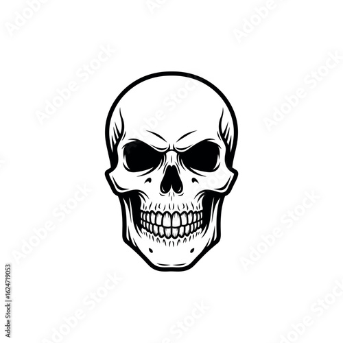 Monochrome human skull vector illustration. A menacing graphic icon with an angry expression isolated on a white background.