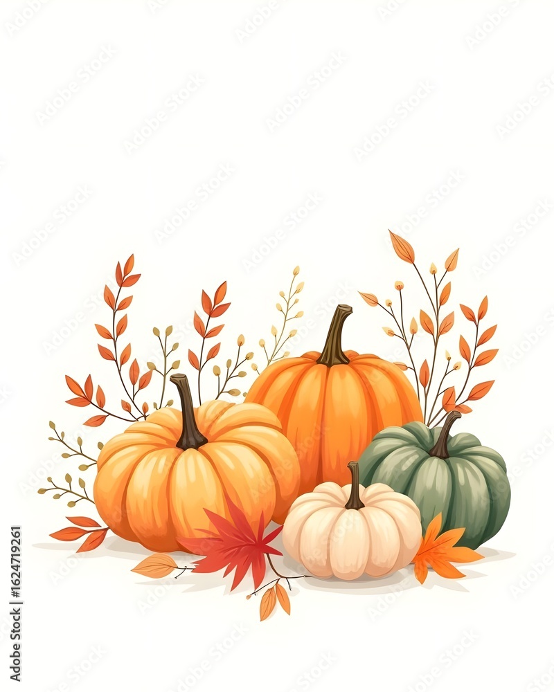 Autumn composition with pumpkins and colorful fall leaves in rustic style on white background Autumn composition with pumpkins and colorful fall leaves in rustic style on white background