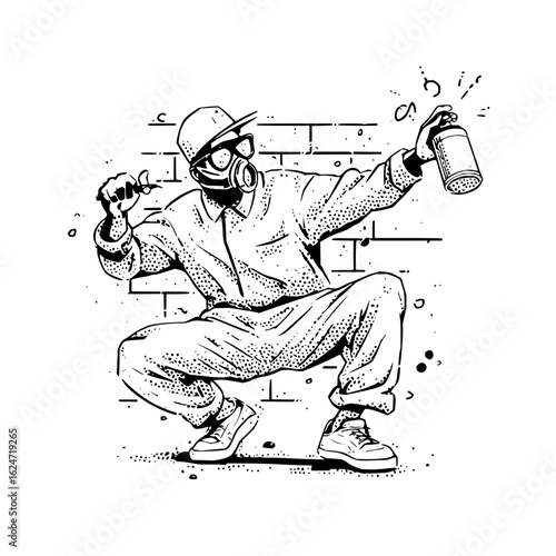 Graffiti artist in gas mask spraying wall art urban street art vandalism culture spray paint drawing design