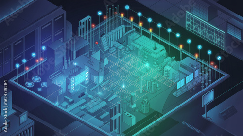 Futuristic smart factory floor plan showcasing automated production lines and digital monitoring systems with glowing data visualizations for efficient manufacturing operations.