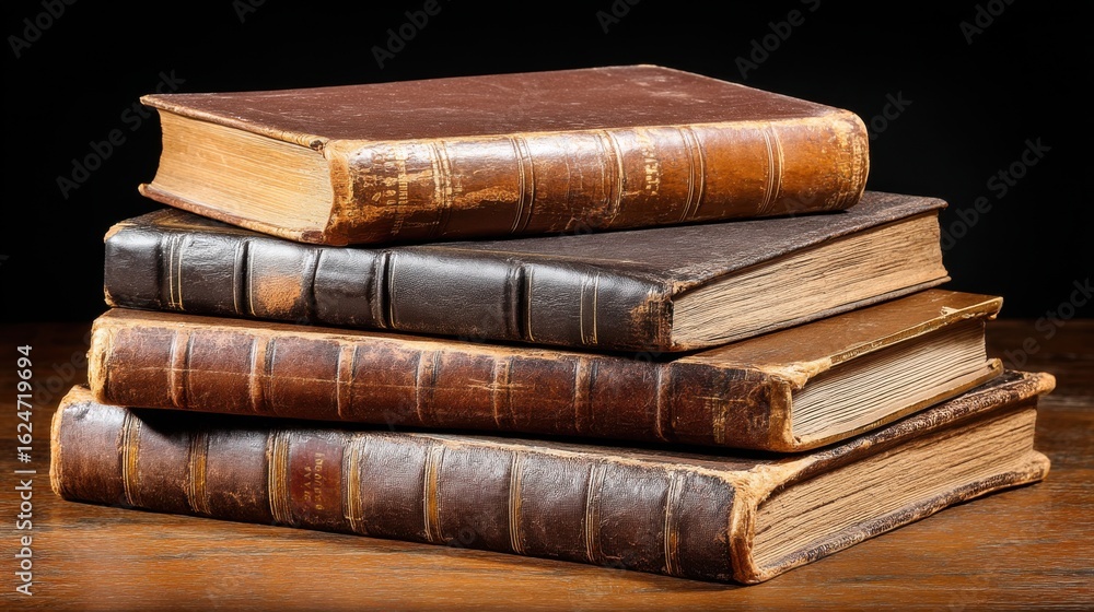 Naklejka premium Stack of old hardcover books with worn leather and paper covers on wooden surface