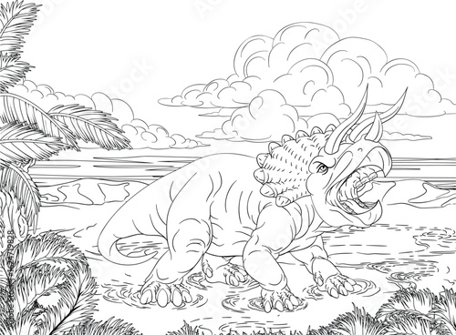 Coloring Book Triceratops Roaring Loudly in a Prehistoric Landscape with Lush Vegetation and Cloudy Sky Backdrop