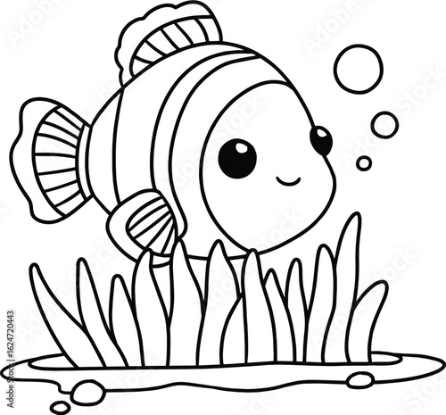 Coloring Book Adorable cartoon clownfish swimming happily among sea grass with bubbles in black and white