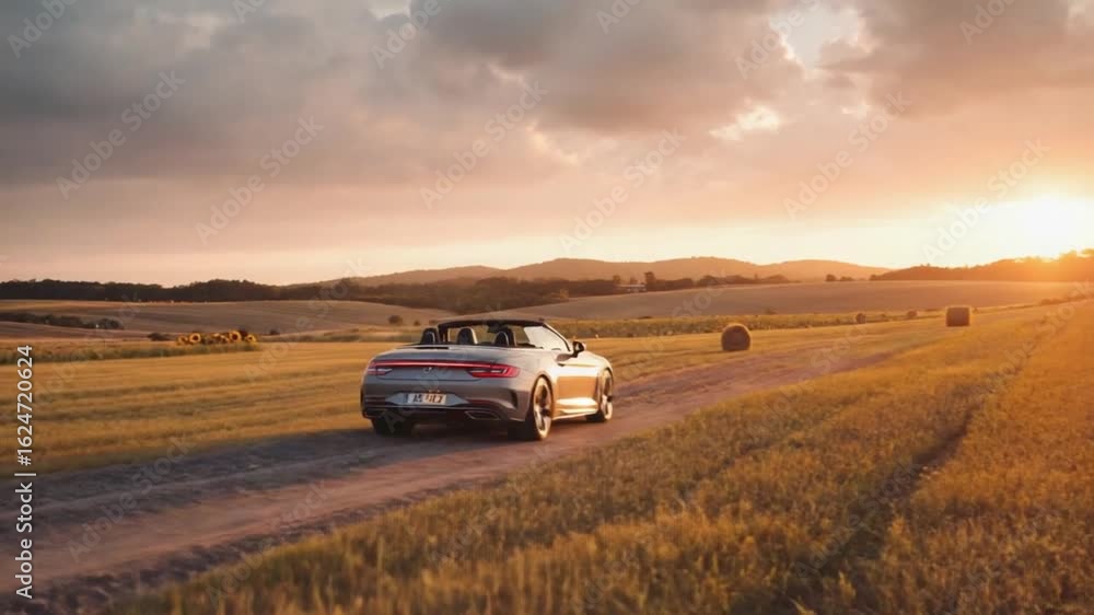 Sleek convertible cruising down a dusty country road through golden fields at sunset, embodying freedom and adventure. Sleek convertible cruising down a dusty country road through golden fields at sunset, embodying freedom and adventure.