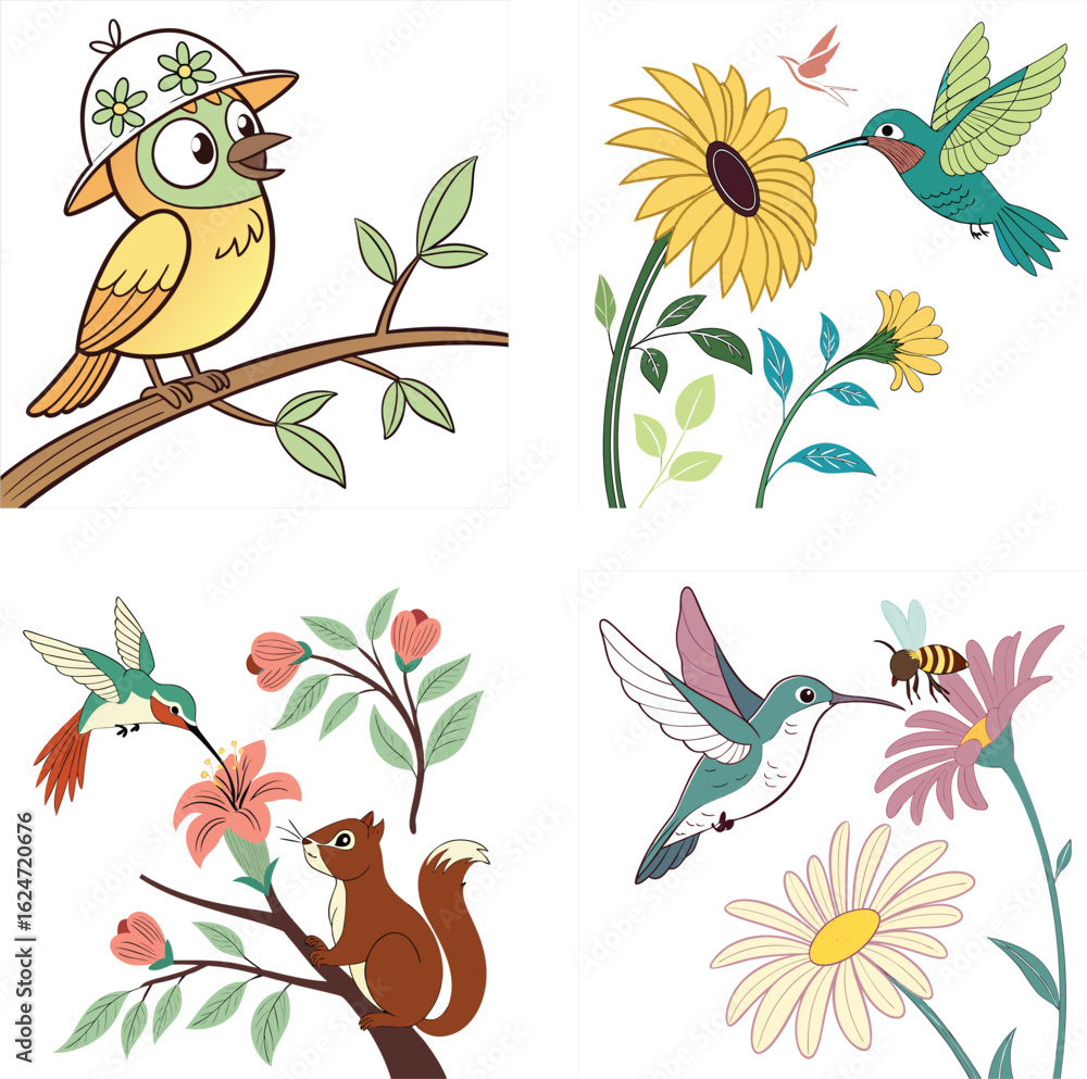 Obraz premium Colorful Hummingbirds Flying Among Flowers Cartoon Illustration- Nature Art for Kids- Cute Bird Design- Whimsical Floral Scene- Digital Artwork- Springtime Theme